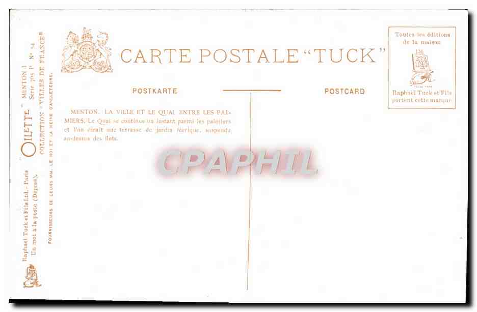 CPA Menton La ville et le quai entre les palmiers  — Rückseite