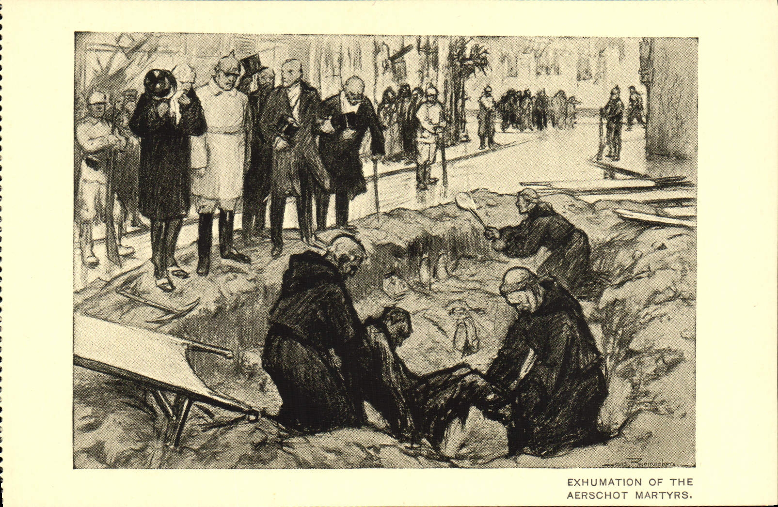 CPA Militaria Orphelins de la guerre Exhumation of The Aerschot Martyrs Moines