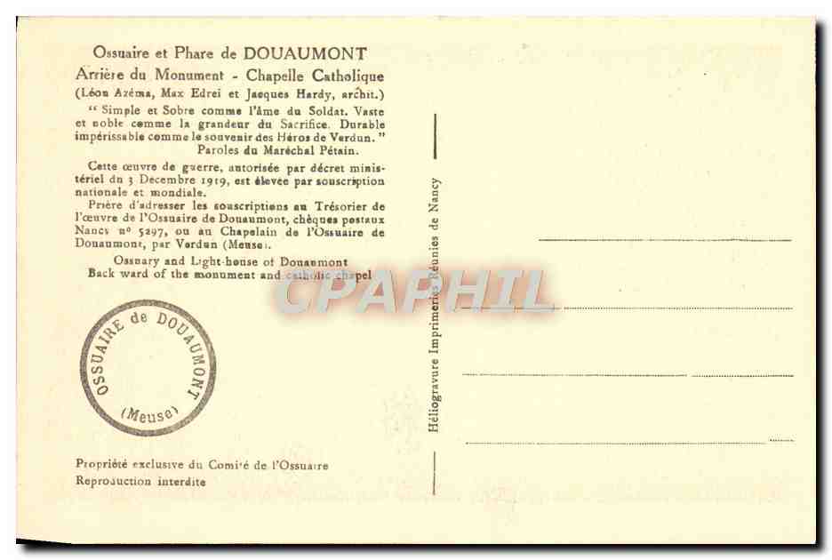 Ossuar und Leuchtturm von Douaumont — Hinterseite des Denkmals - Katholische Kapelle — Imprimerie Réunies de Nancy — Rückseite