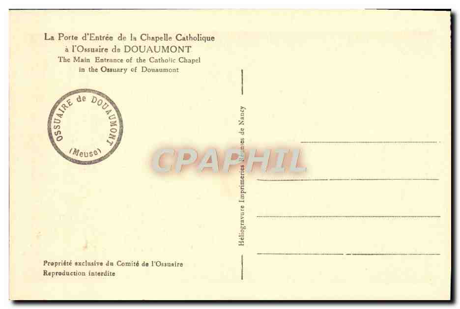 Entrée de la chapelle catholique à l'ossuaire de Douaumont — Héliogravure Imprimerie de Nancy — Verso