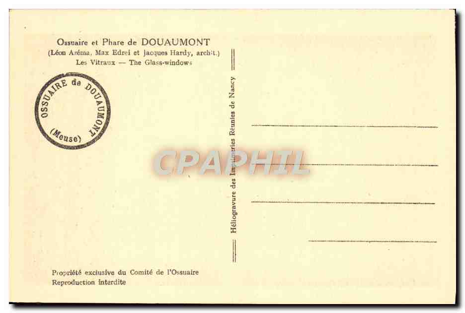 Ossuaire et Phare de Douaumont — Vitraux commémoratifs — Héliogravure des Imprimeries Réunies de Nancy — Reverso