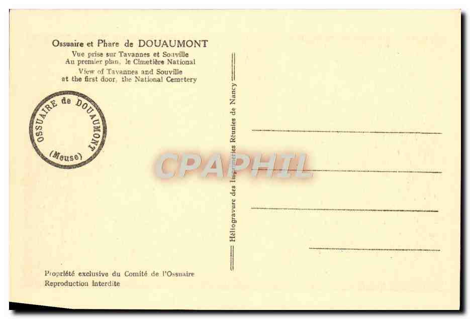 Fort de Tavannes et Fort de Souville — vue prise du premier plan, Ossuaire de Douaumont — Héliogravure des Impériales Réunies — Verso