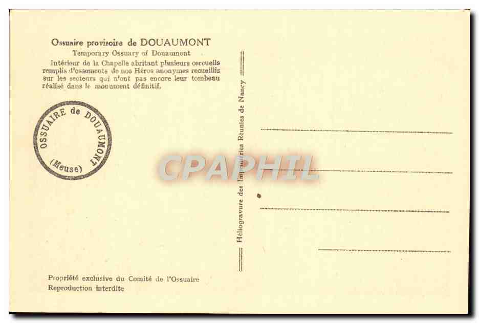 CPA Ossuaire provisoire de Douamont Militaria Interieur de la chapelle — Rückseite