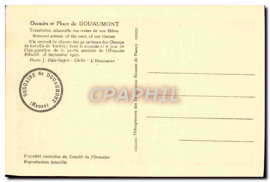 CPA Ossuaire et Phare de Douamont Militaria Translation solenelle des restes de nos heros — Rückseite