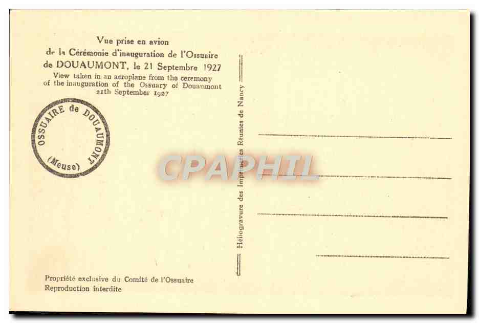 CPA Vue prise en Avion de la Ceremonie d'inaguration Douamont Militaria 21 septembre 1927 — Rückseite