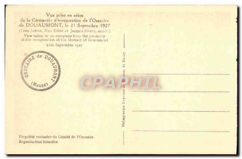 CPA Vue prise en Avion de la Ceremonie d'inaguration Douamont Militaria 21 septembre 1927 — Rückseite
