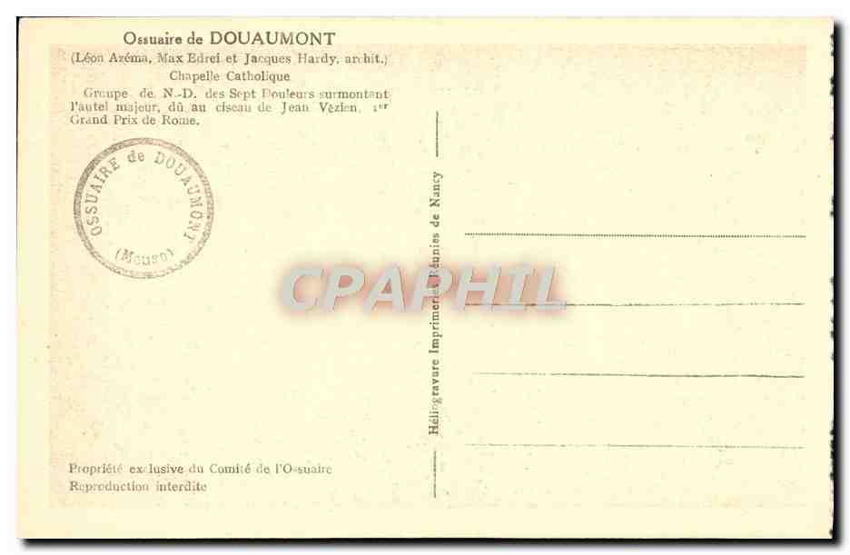 Ossuaire de Douaumont — Chapelle Catholique — Groupe de N.-D. des Sept Douleurs surmontant l'autel majeur, du ciseau de Jean Vézien, 1er Grand Prix de Rome — Verso