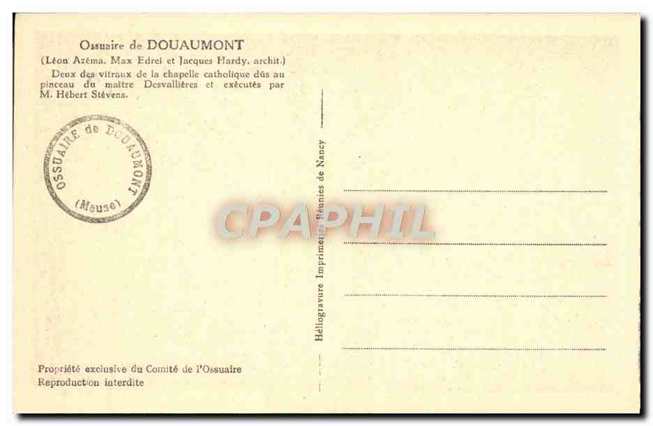 Deux vitraux de la chapelle catholique — Ossuaire de Douaumont — éditeur : Héliogravure Imprimerie de Nancy — Rückseite