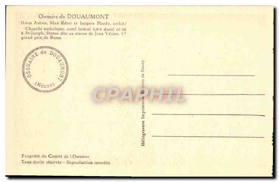Ossuaire de Douaumont — Chapelle catholique, autel latéral côté droit — Héliogravure Imprimerie de Nancy — Verso