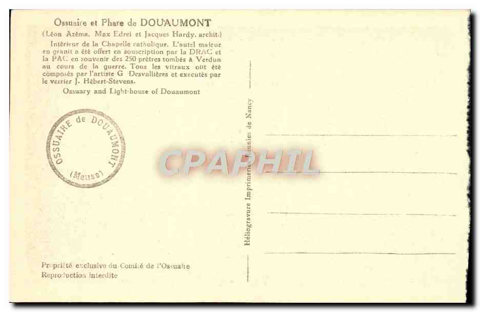 Intérieur de la chapelle catholique — Ossuaire et Phare de Douaumont — Imprimerie de Nancy — Reverso
