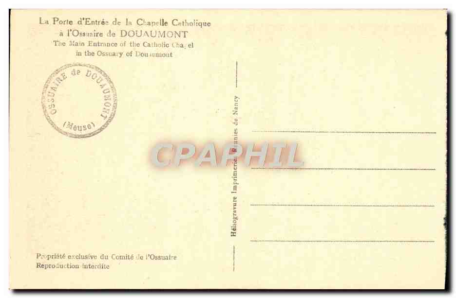 Entrée de l'Ossuaire de Douaumont — Chapelle Catholique — Héliogravure Imprimerie de Nancy — Achterkant