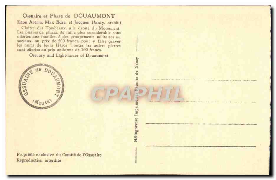 Ossuaire de Douaumont — Cloître des Tombeaux — éditeur Héliogravure Nancy — Reverso