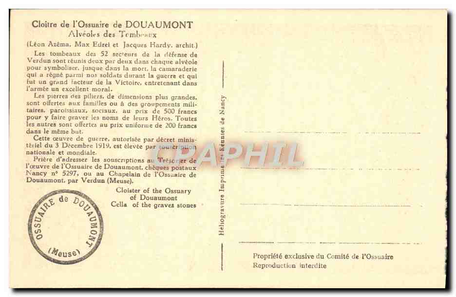 Cloître de l'Ossuaire de Douaumont — ossuaire des tombes — éditeur inconnu, n° de série non visible — Rückseite