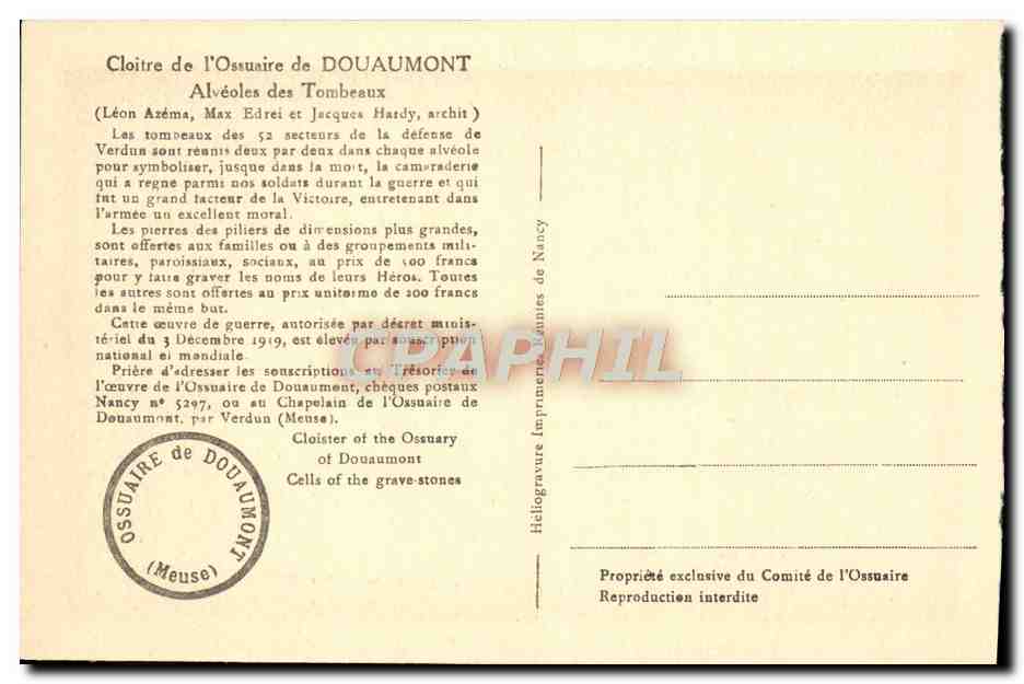 CPA Cloitre de l'Ossuaire de Douamont Militaria Alveoles des tombeaux — Rückseite