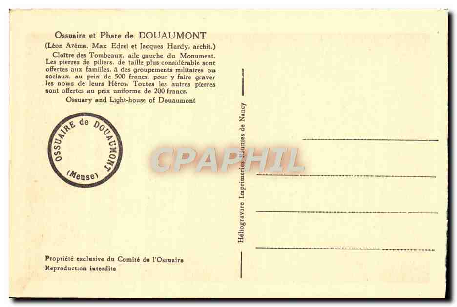 CPA Ossuaire et Phare de Douaumont Cloitre des tombeaux Militaria — Rückseite