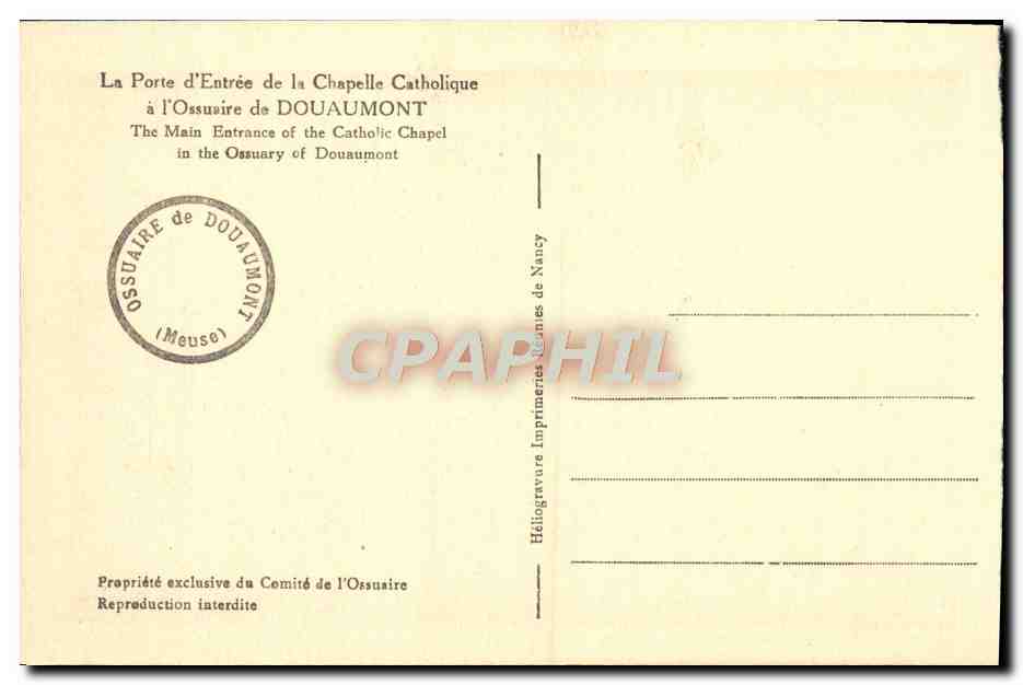 CPA Ossuaire Douaumont La Porte d'Entree de la Chapelle Catholique Militaria — Rückseite