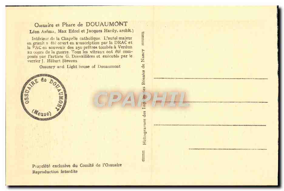 CPA Ossuaire et Phare de Douaumont Interieur de la chapelle catholique Militaria — Rückseite
