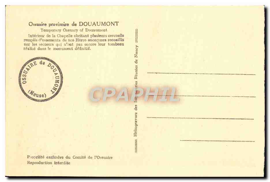 Ossuaire provisoire de DOUAUMONT — Intérieur de la chapelle abritant plusieurs cercueils — Héliogravure du Comité de l'Ossuaire — Verso