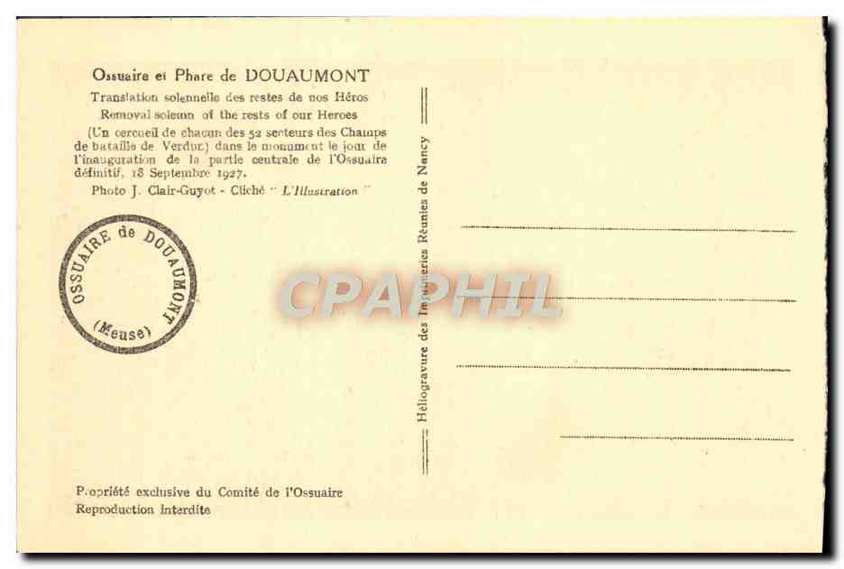 CPA Ossuaire et Provisoire de Douaumont Transalation colennelle des restes de nos heros Militaria — Rückseite