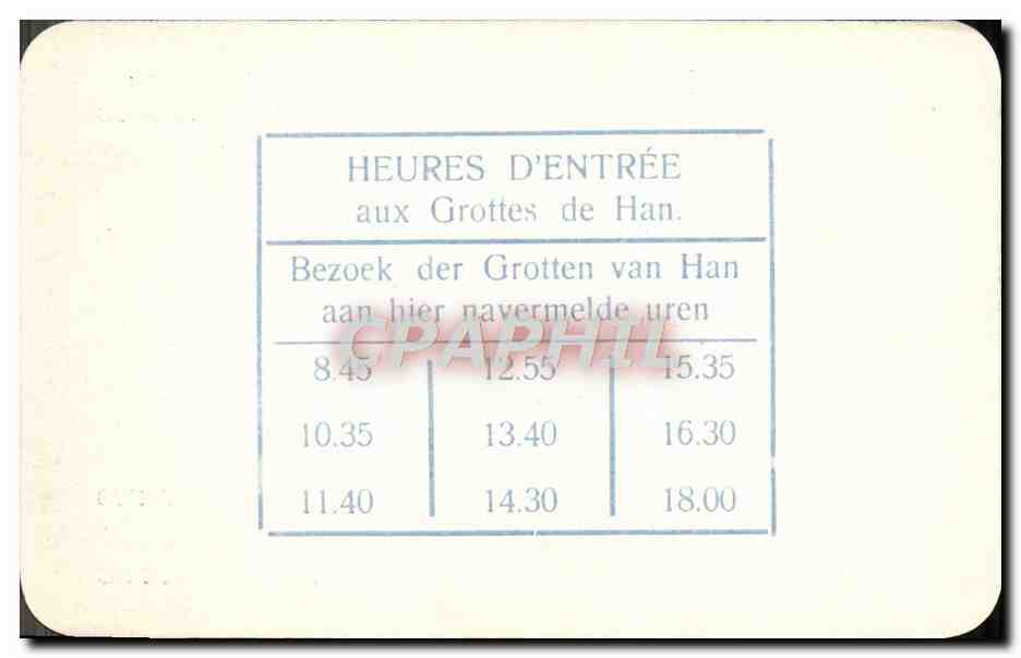 Carte Grottes de Han Hotel de la Lesse Fontinoy Purnode  — Rückseite