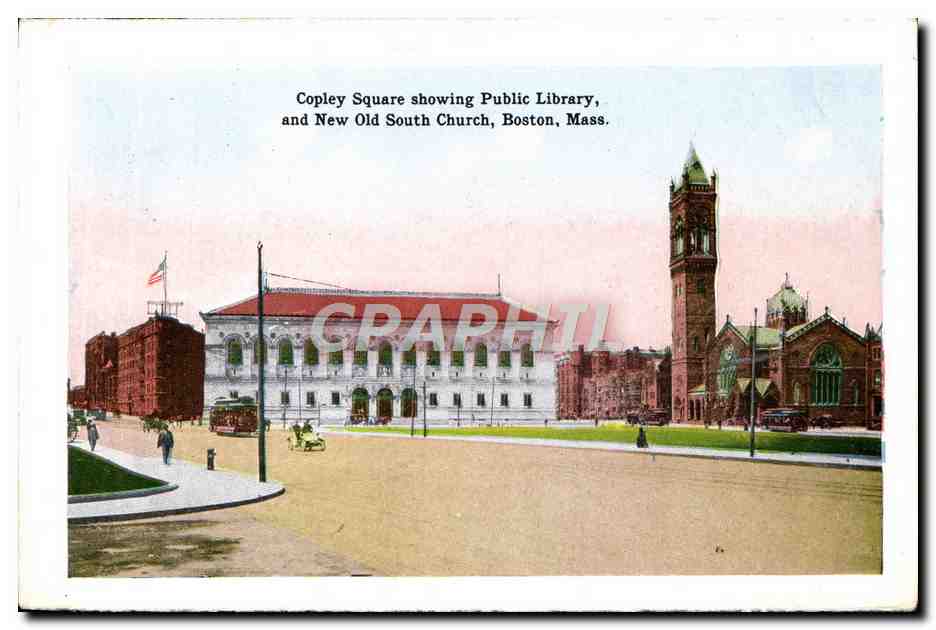 CPA Old South Church Boston Mass Copley square showing public Library Bibliotheque — Rückseite