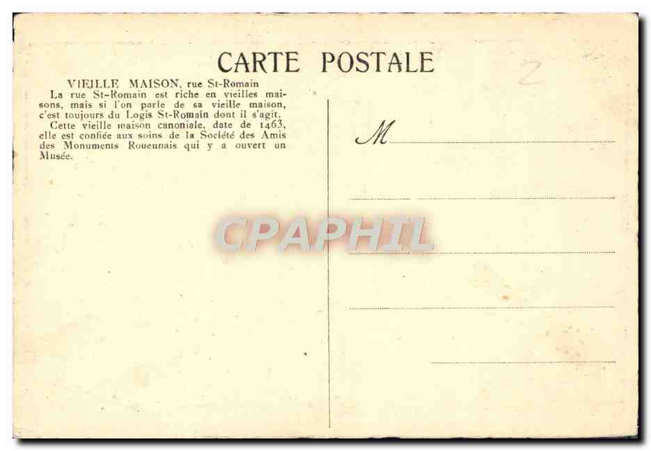 CPA Vieille Maison Rue St Romain Rouen — Verso