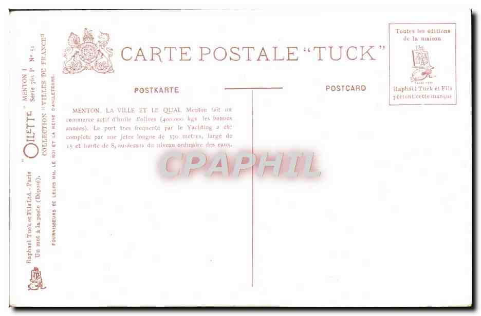 CPA Menton La Ville Et Le Quai — Rückseite