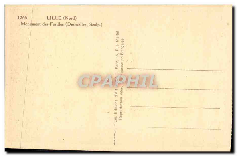 CPA Lille Monument Des Fusilles Militaria — Rückseite