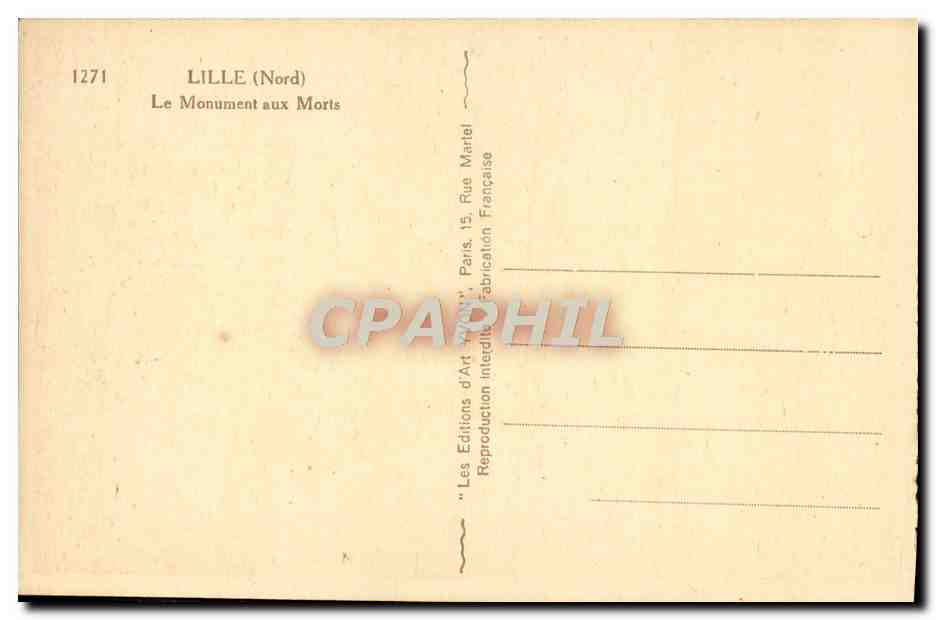 CPA Lille Le Monument Aux Morts Militaria — Rückseite