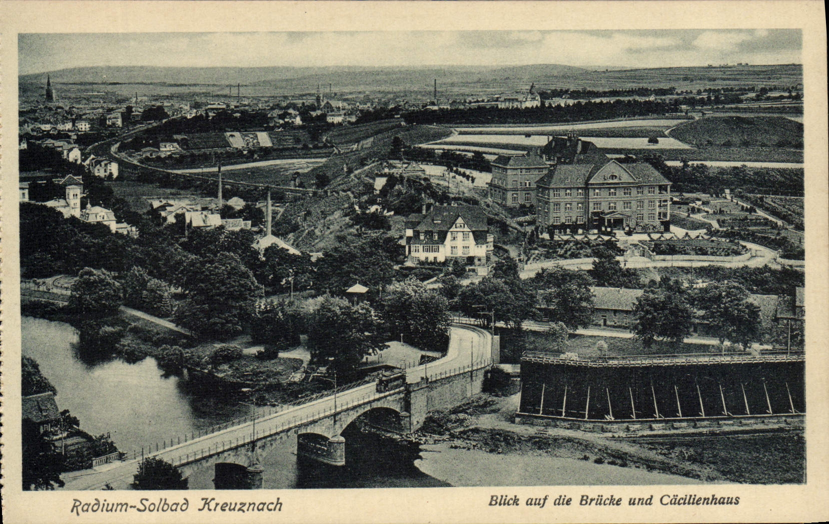 Kreuznach — Radium-Solbad, vue sur la Brücke et le Cäcillienhaus — A. Wendling, Bad Kreuznach