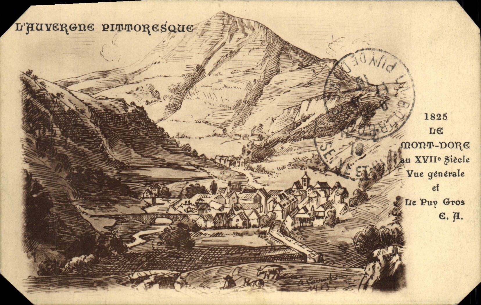 L'Huvergne pittoresque — Vue générale du Mont-Dore au XVIIe siècle — Éditeur E. A. (verso)