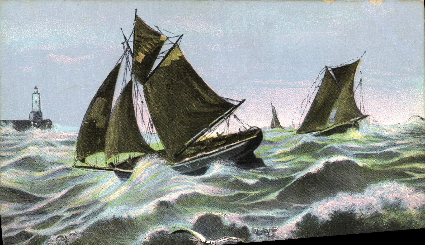Voiliers en mer — phare au loin — éditeur AQUA-MARINE