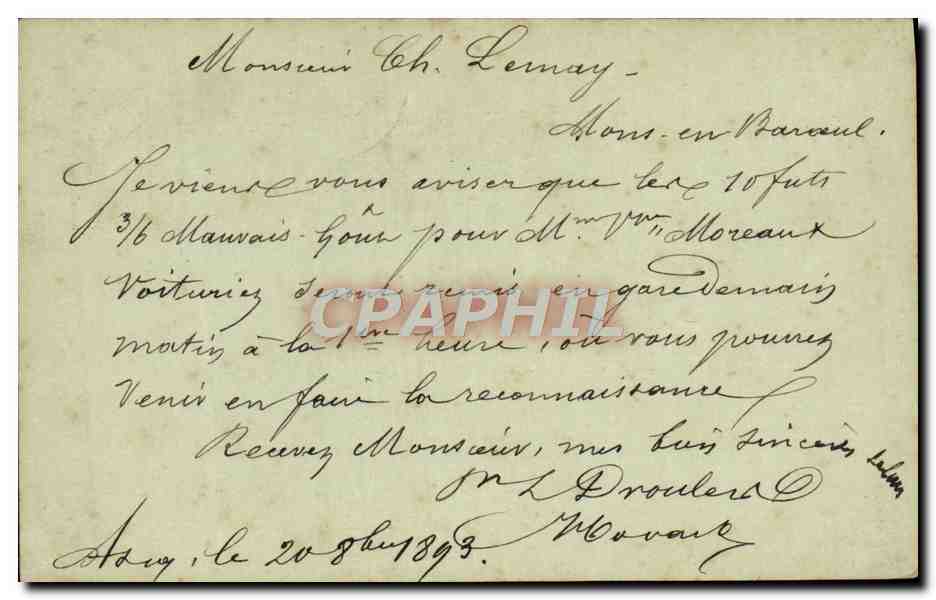 Entier Postal Type Sage 10c 1893 Mr Leray a Mons en Barouel — Rückseite