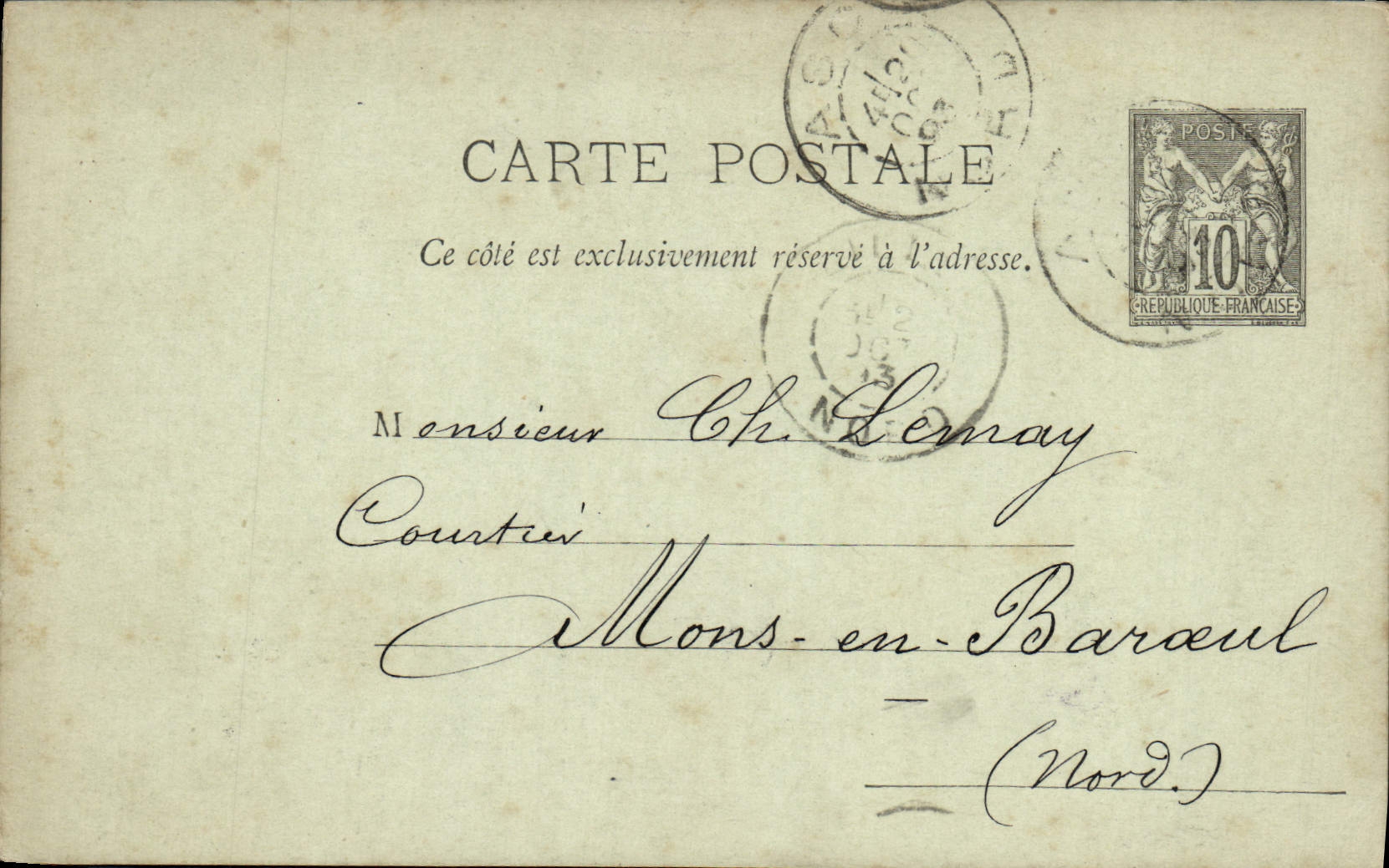 Entier Postal Type Sage 10c 1893 Mr Leray a Mons en Barouel