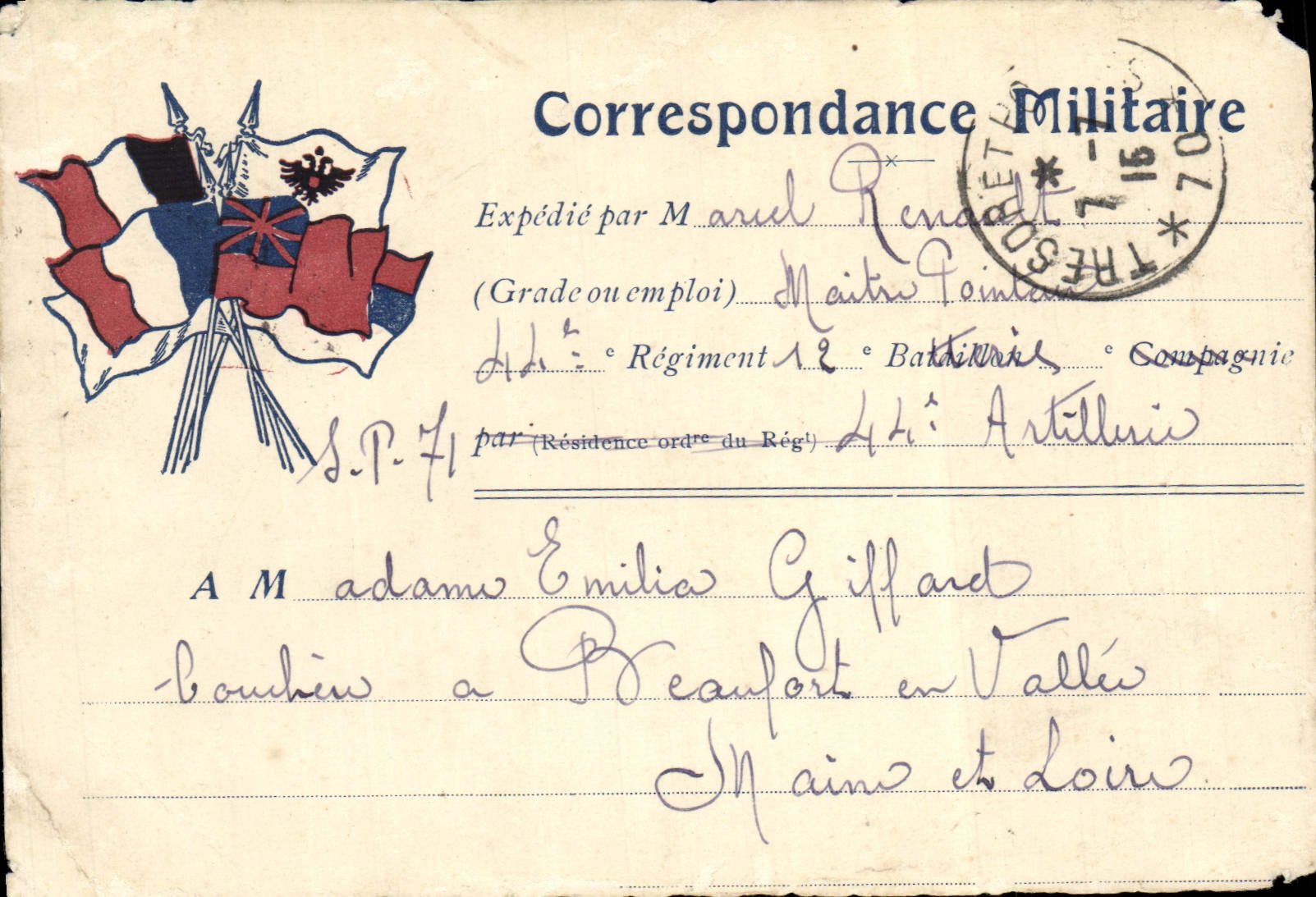 Carte franchise militaire pour Mme Emilia Giffart Beaufort en Vallee 1916