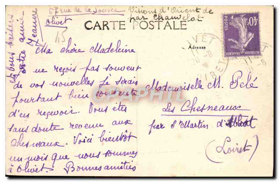 CPA Environs d'Orleans Olivet Chalets aux Bords du Loiret Bassin Paul Foret — Rückseite