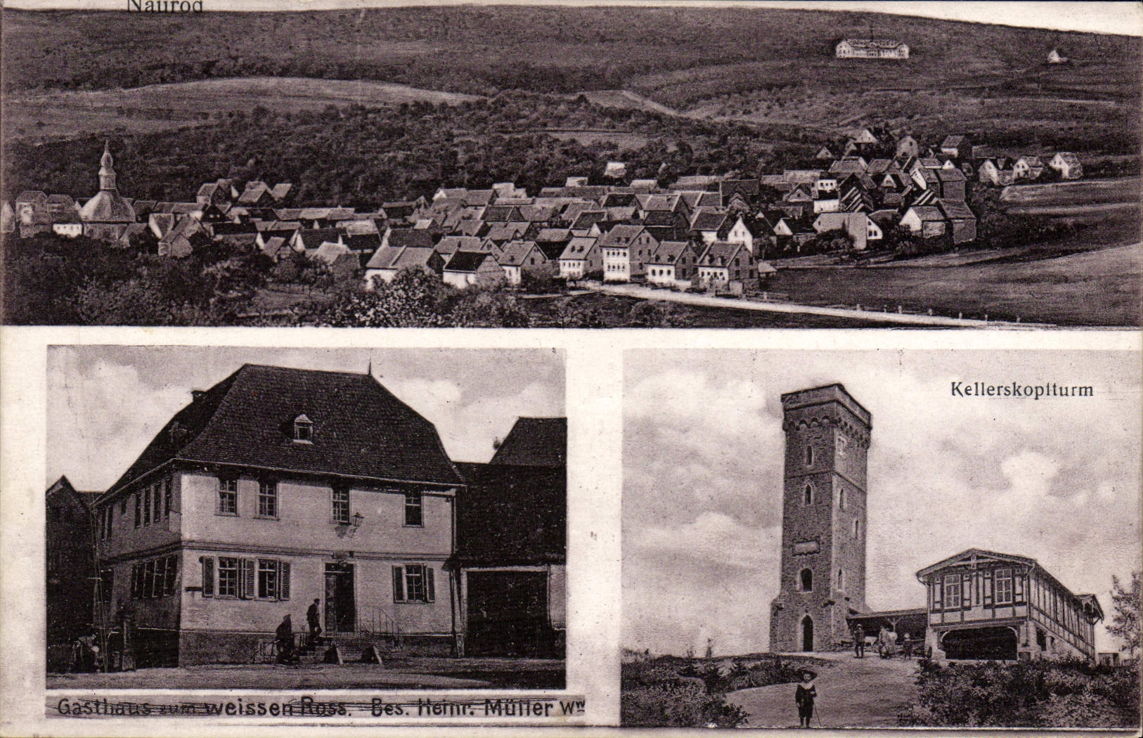 Naurod — Vue panoramique du village, Gasthaus zum weißen Ross et Kellerskopfturm — éditeur Heimr. Müller W.