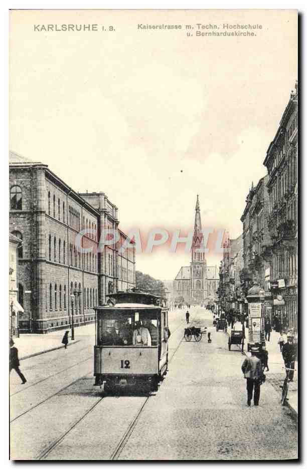 CPA Karlsruhe Kaiserstrasse m Tech Hochshule u Bernharduskirche Tramway 