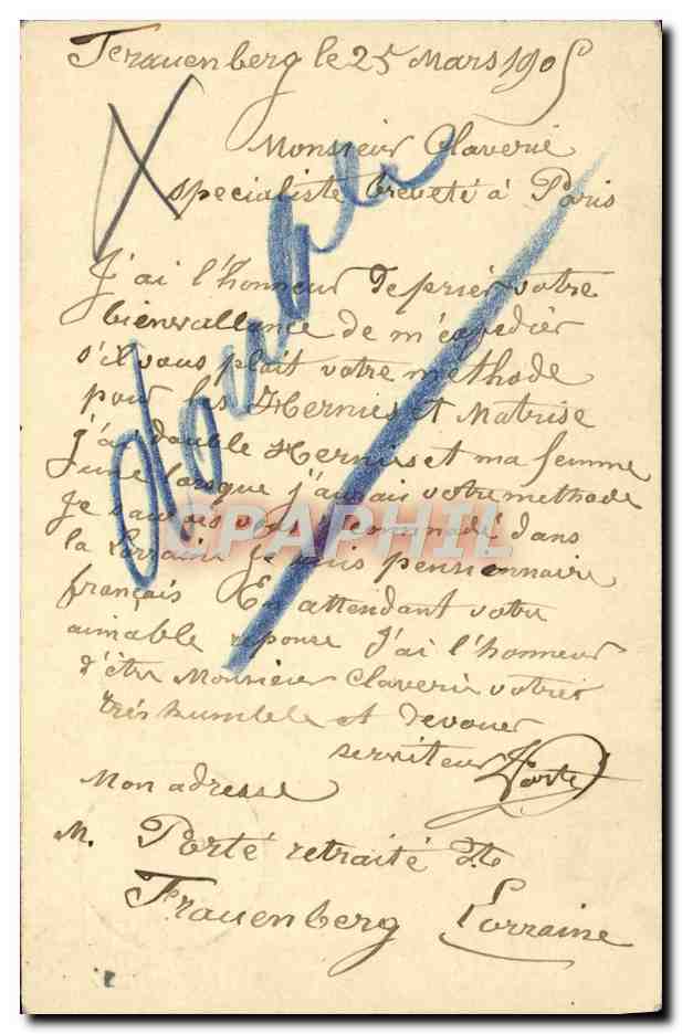 Frauenberg — Carte postale adressée à Monsieur Claverie, spécialiste breveté à Paris — Union postale universelle, n°234