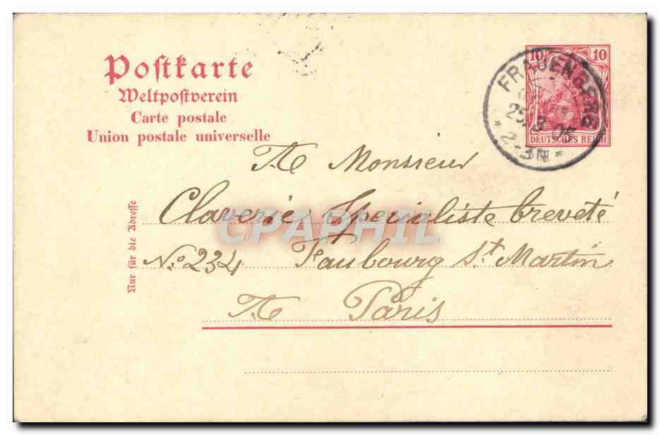 Frauenberg — Carte postale adressée à Monsieur Claverie, spécialiste breveté à Paris — Union postale universelle, n°234 — Verso
