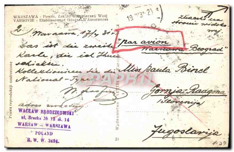 CPA Varsovie Etablissement General d'assurance Poland Polska — Verso