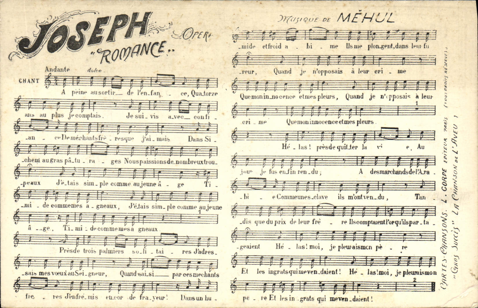 Joseph — Romance — Musique de Méhul — Édition L. Corpe - Recto