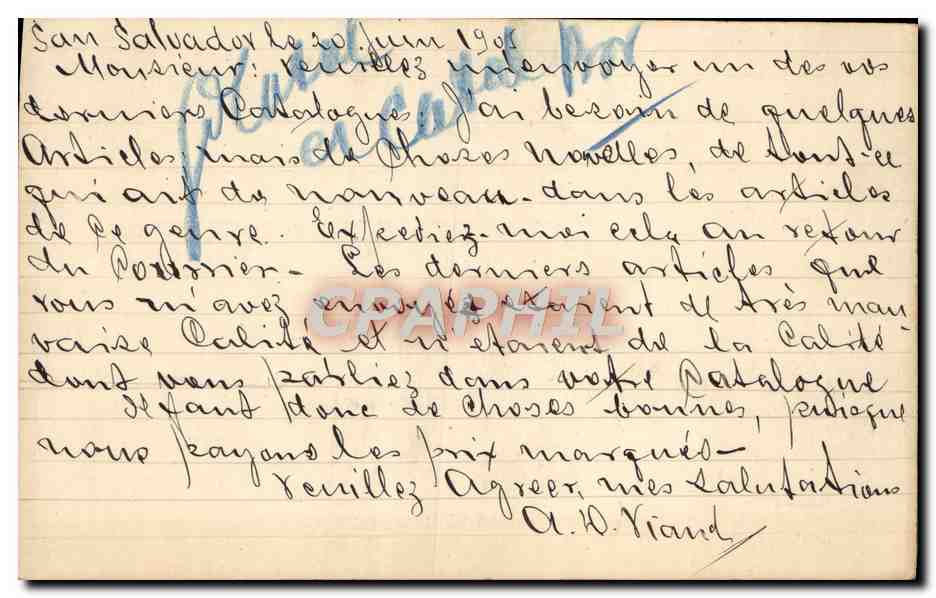 Entier postal Salavador 1905 pour Mr Claverie Faubourg St Martin Paris — Rückseite