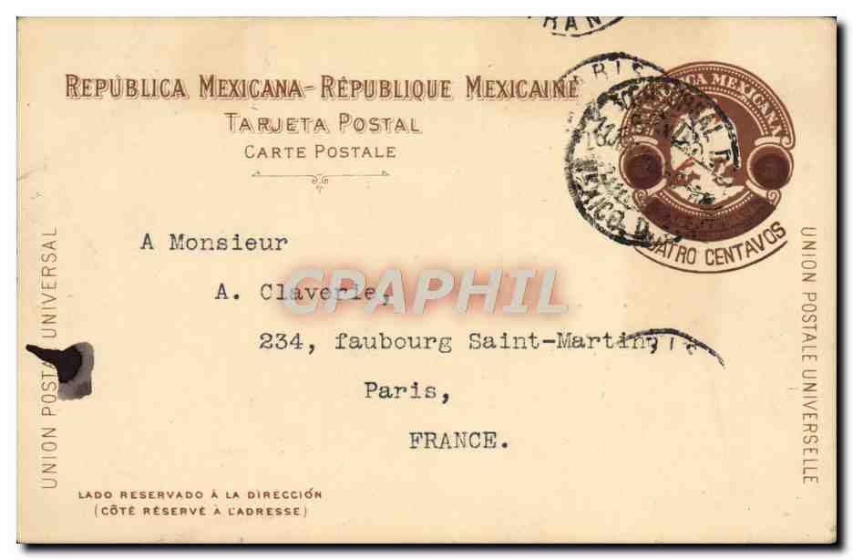 Entier postal Mexique 1904 pour M Claverie Faubourg St Martin Paris 
