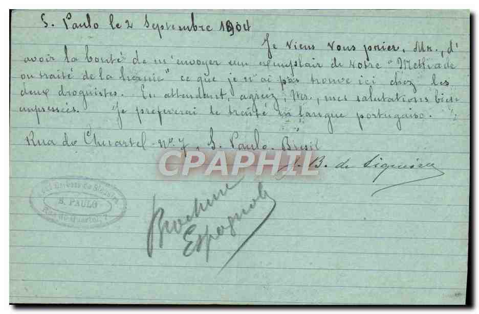 Entier Postal Bresil pour M Claverie Faubourg St Martin Paris 1904 — Rückseite