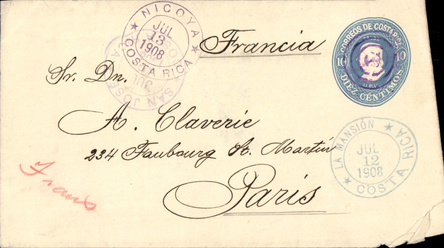 Entier postal Costa Rica 1908 pour M Claverie Faubourg St Martin Paris