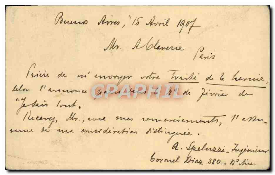 Entier Postal Argentine 1907 pour M Claverie Faubourg St Martin PAris  — Rückseite