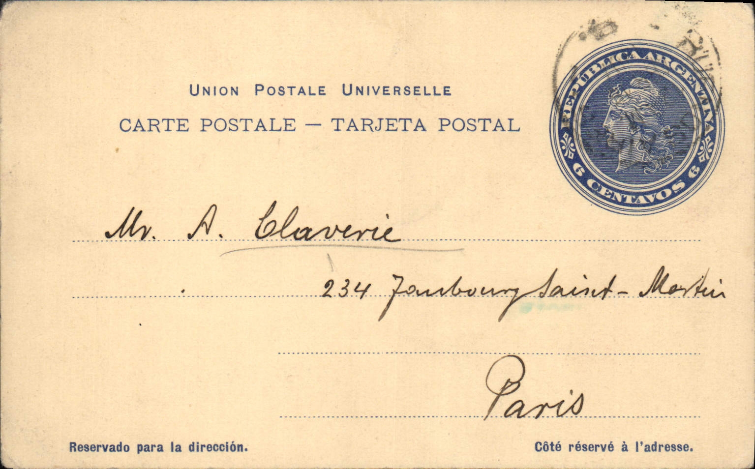 Entier Postal Argentine 1907 pour M Claverie Faubourg St Martin PAris 