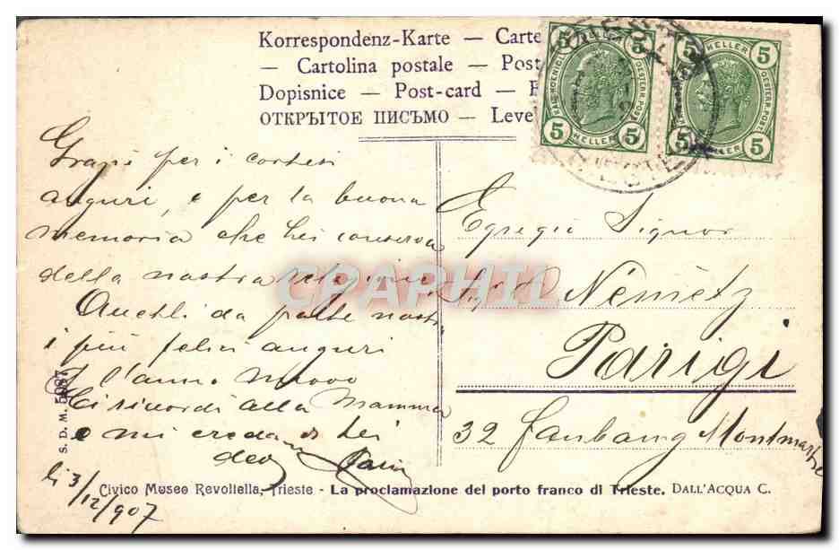 CPA Civico Museo Revollelle Trieste La Proclamazione Del Porto Franco Di Trieste — Rückseite
