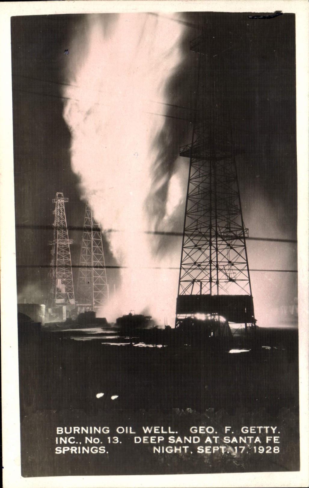 CPA Burning Oil Well Geo F Getty Inc Deep Sand At Santa Fe Springs Night Petrole